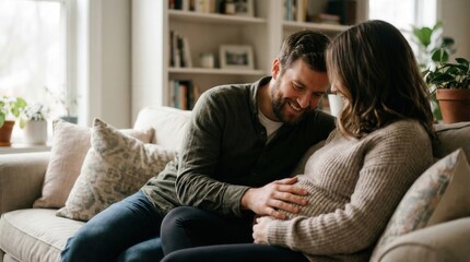 Obraz premium Happy pregnant woman and partner touching belly on sofa in bright living room for family life and maternity concept