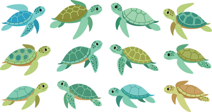 Cute Sea Turtle Character Set with Different Swimming Poses, Ocean Marine Animals and Underwater Elements Cartoon Vector Illustration Collection for Kids and Nature Designs.