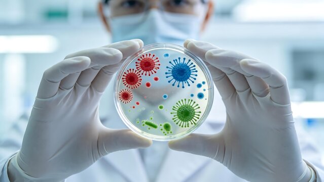 Scientist holding petri dish with colorful virus models