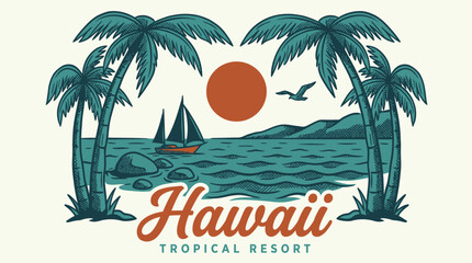 Fototapeta premium Vintage Hawaii tropical beach and palm trees island vector illustration