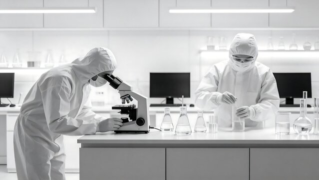 Scientists in protective suits working with microscope
