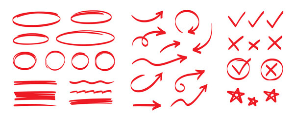 Plakat Hand drawn pen line highlight red set. Line red hand drawn pen marker stroke underline, arrow, check mark emphasis. Round oval, circle scribble frame, arrow elements . Vector illustration
