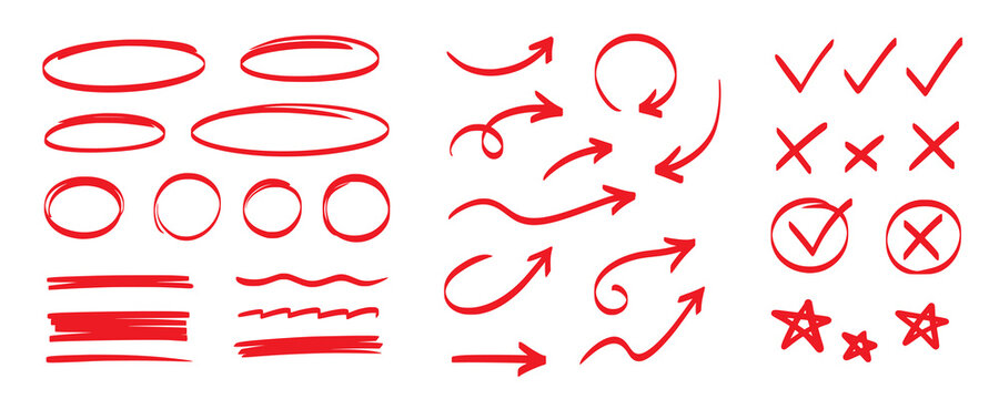 Hand drawn pen line highlight red set. Line red hand drawn pen marker stroke underline, arrow, check mark emphasis. Round oval, circle scribble frame, arrow elements . Vector illustration