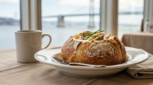 Clam chowder in sourdough bread bowl served on restaurant table with bay bridge background view for San Francisco travel and coastal dining concept