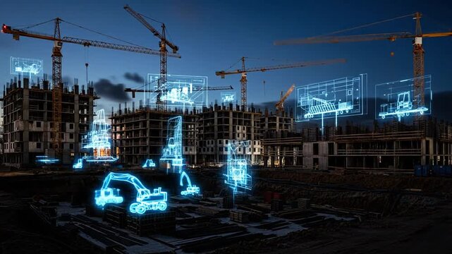Blueprint of progress: A visionary construction site, the image merges physical reality with digital blueprints. The cranes reach for the sky, symbolizing growth and ambition.