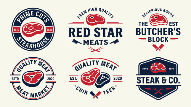 Vintage butcher shop and steakhouse meat logo badge vector set