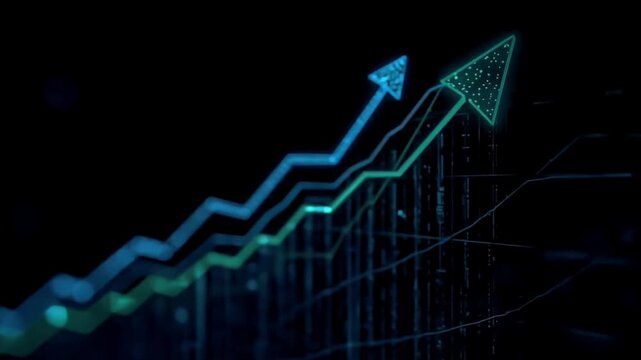 テクノロジーと金融成長を示す発光矢印とグラフの企業広告向け背景動画素材