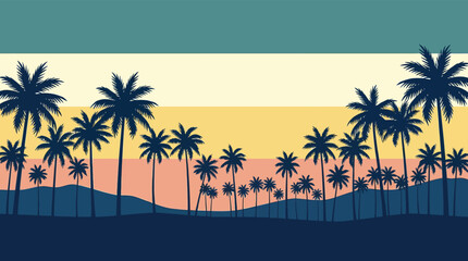 Obraz premium Retro Summer Tropical Palm Tree Landscape Vector Illustration with 80s Vintage Sunset Background for Travel and Tourism Marketing