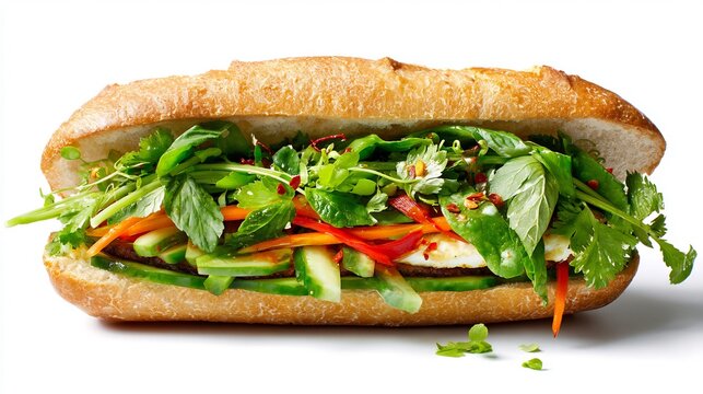 Fresh Vietnamese Banh Mi Sandwich with Herbs and Vegetables, Top-Down View