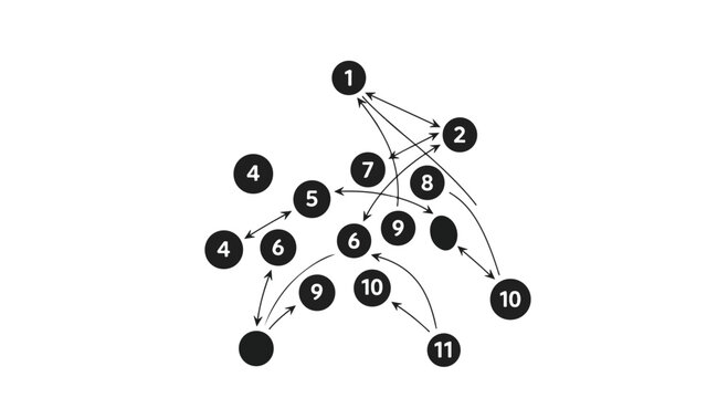 Black and white illustration of a complex network diagram with numbered nodes and lines on a plain white background.