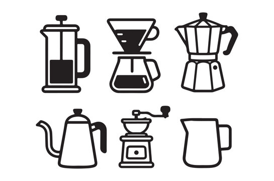 Various coffee brewing methods illustrated in a simple black and white style