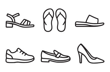 Black and white line drawing of various types of footwear