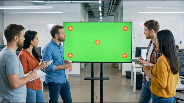 Business Team Discussing Green Screen Display in Office