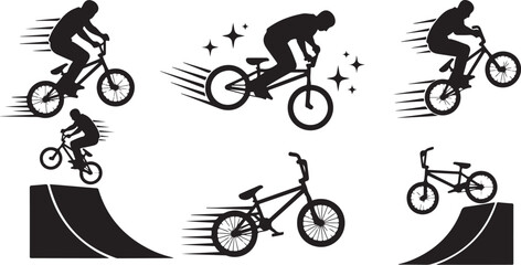Fototapeta premium Bicycle Silhouettes in Motion with Rider and Tricks Illustration