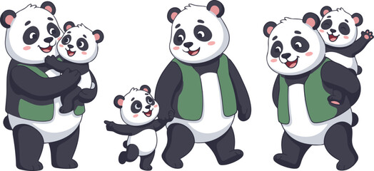 A charming illustration of a panda family featuring a playful mother panda and her adorable cub.  © Muntaha Studio