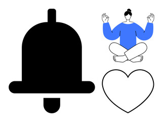 Obraz premium Wellness, mindfulness, notifications, relaxation, self-care, health. Large black notification bell, person meditating in lotus pose and simple heart shape. Mindfulness and wellness concept