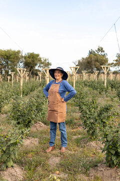 Senior woman farmer standing in her green crop field, wearing a hat and apron, smiling confidently with hands on hips, representing agricultural commitment and a rewarding rural lifestyle