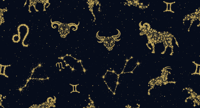 A pattern of gold zodiac symbols and animals on a dark background