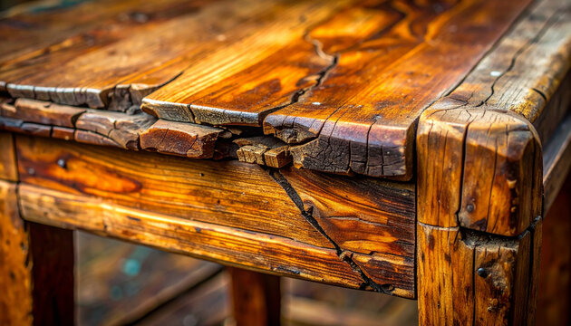 Close up of weathered wooden table with detailed cracks and textures