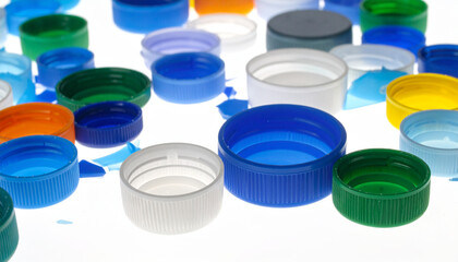 Colorful plastic bottle caps arranged on a bright white surface