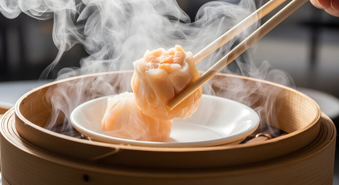 Steamed dumplings with chopsticks and steam.