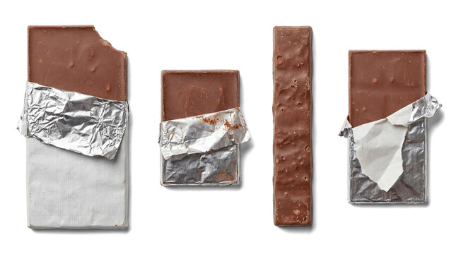 Milk chocolate bar pieces with foil wrapper isolated on transparent background &ndash; sweet cocoa dessert snack