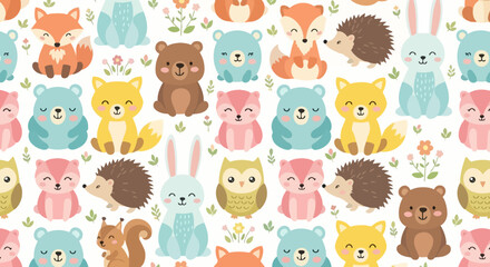 seamless cute cartoon animal vector pattern with baby animals bear dog cat lion tiger rabbit pig sheep panda elephant cow horse icons © Rizky