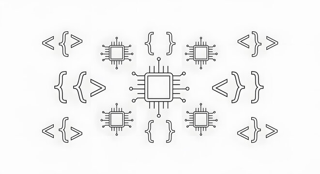 AI and Machine Learning Concept with Central Processor, Microchips, and Programming Brackets for Data Processing
