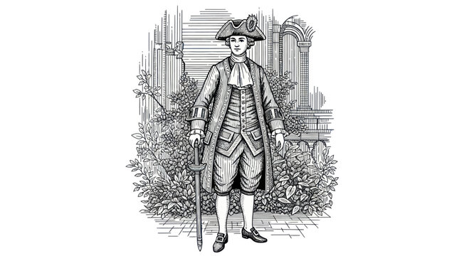 Vintage Engraving of a Man in 18th Century Attire with a Cane.