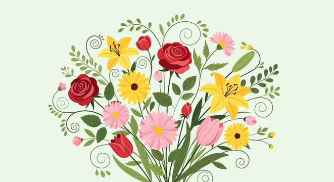 tulip and flower bouquet illustration vector floral spring summer garden design with rose poppy pink red flowers nature leaf decoration art pattern love beauty card