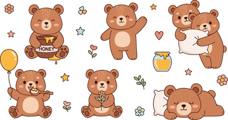Obraz premium Cute Cartoon Bear Character Set with Honey Jar, Balloon, Flowers and Hugging Bears in Adorable Woodland Animal Style for Kids Nursery Designs.