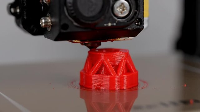 Close-up of 3D printer creating a red plastic object on a metal platform
