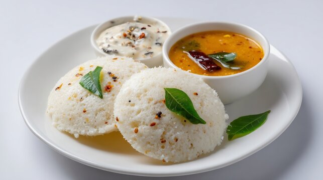 South Indian idli with sambar and chutney, traditional cuisine, and a vibrant presentation