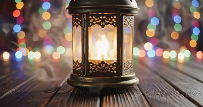 A beautifully lit lantern casting warm light amidst colorful bokeh lights in a cozy setting
