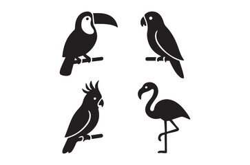 Naklejka premium Silhouettes of four tropical birds toucan parrot cockatoo and flamingo