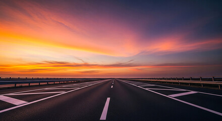Obraz premium Long open highway vanishing into a radiant sunset horizon