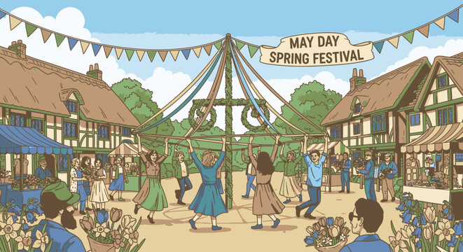 Illustration of people celebrating May Day Spring Festival with a maypole dance in a traditional English village setting with colorful buildings and bunting.