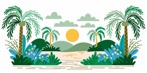 Tropical landscape illustration with palm trees mountains and a golden sun © Piku