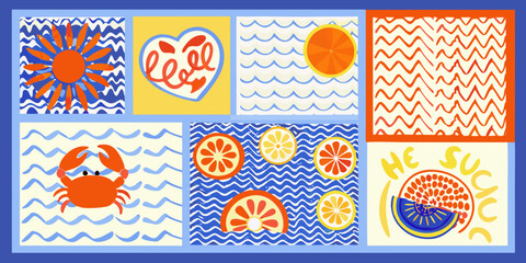 Colorful collage featuring summer icons like crabs citrus and playful patterns © Piku