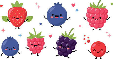 Cute cartoon berry characters collection with strawberry blueberry raspberry blackberry and cherry adorable fruit mascots vector illustration set © Yevhenii creative