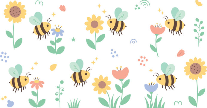 Cute cartoon bees flying around flowers and plants cheerful spring garden pollination vector illustration set