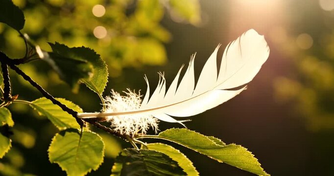 A delicate white feather resting on vibrant green leaves, illuminated by soft sunlight in a serene nature setting