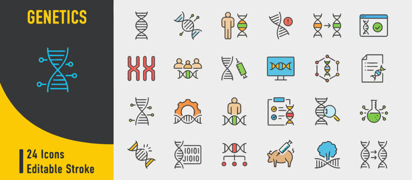 Diverse Vector Icon Set for Genetics and Biotechnology, Featuring DNA Strands, Chromosomes, Scientific Research, and Human Genome Concepts, Ideal for Biology and Medical Innovations