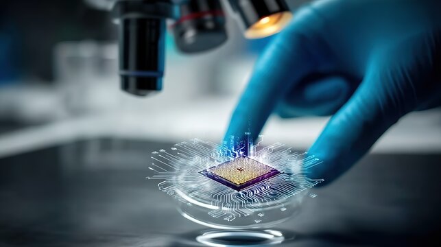Advanced lab: gloved hands with holographic chip displaying circuitry and data
