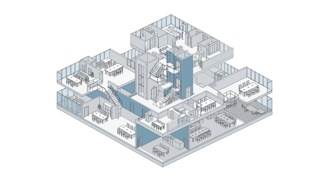 Isometric architectural visualization of a multi-story building interior with detailed room layouts.