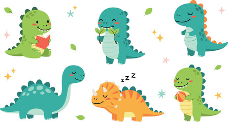 Cute cartoon dinosaur characters collection with friendly baby dinos eating plants and sleeping colorful prehistoric vector illustration set © Yevhenii creative
