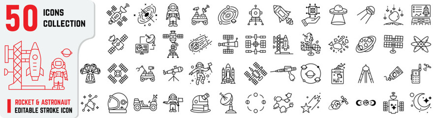 Space Exploration Outline Icons Set – Rocket, Astronaut, Satellite, Telescope, Planet and Astronomy Line Vector Collection © JB