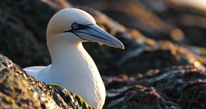 A serene gannet resting on rocky terrain during sunset, with soft lighting highlighting its features