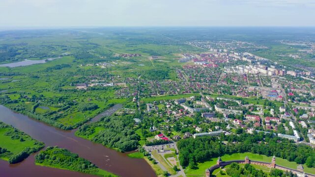 Veliky Novgorod, Russia. Novgorod Kremlin (Detinets), Volkhov River. Flight over the city. Drone footage