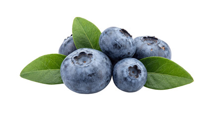 A delightful cluster of fresh, plump blueberries adorned with vibrant green leaves, perfectly isolated on a transparent. © Ly